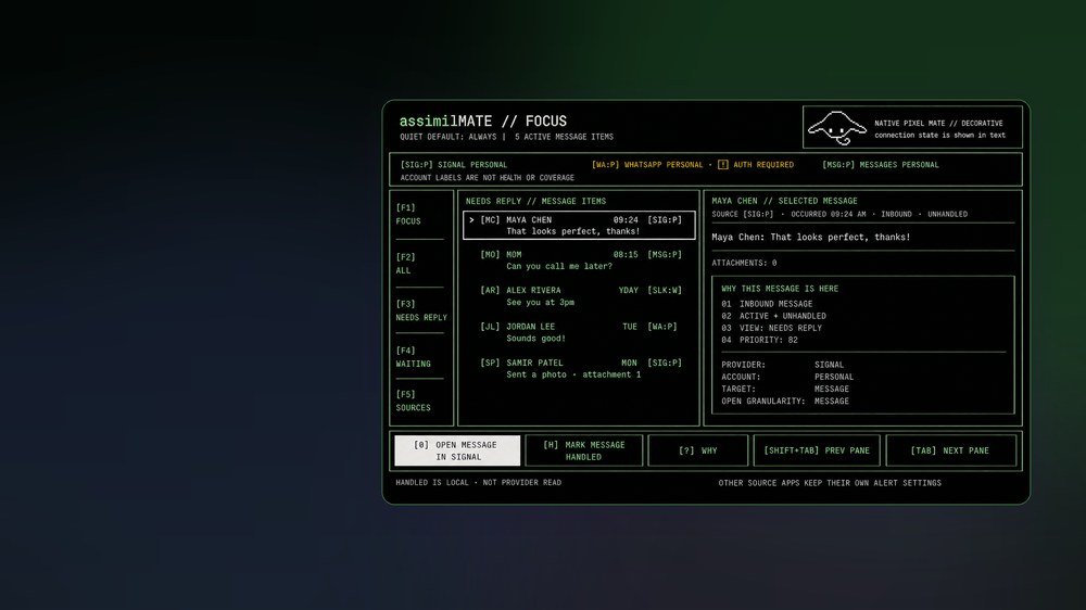 A pixel-art assimilMATE ray glows in phosphor green above a keyboard-driven terminal Focus surface with message items from four labeled source accounts.